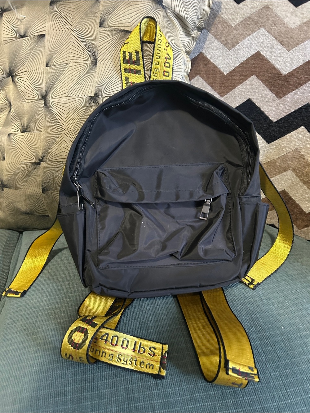 Off-White Black Backpack with Yellow Industrial Straps